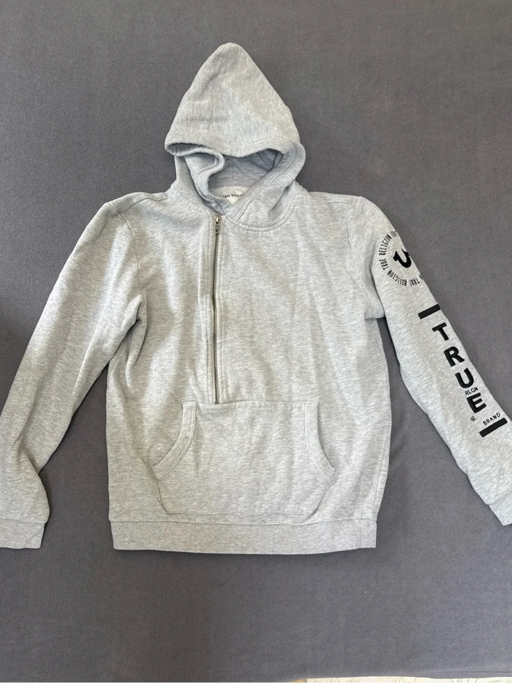 True Religion Light Gray Half-Zip Hoodie with Sleeve Logo Size XL